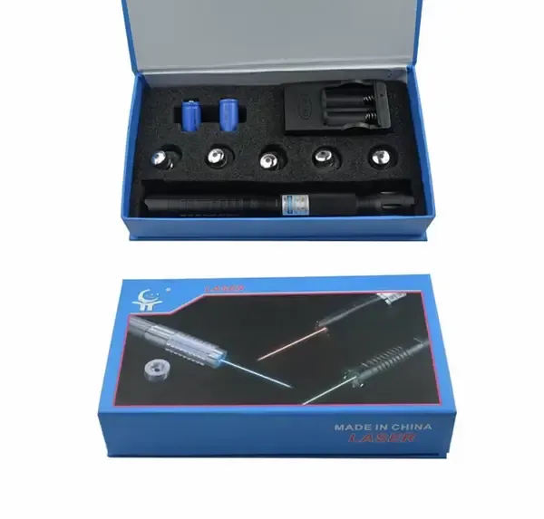 Фонарь-лазер указка синий YX-B008, ЗУ 220V, 2х16340, 5 насадок, Box