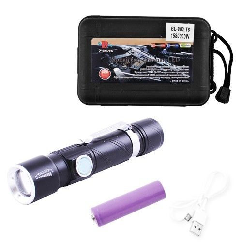 Фонарь Police 802-T6, ЗУ micro USB, 1x18650, zoom, зажим, Box
