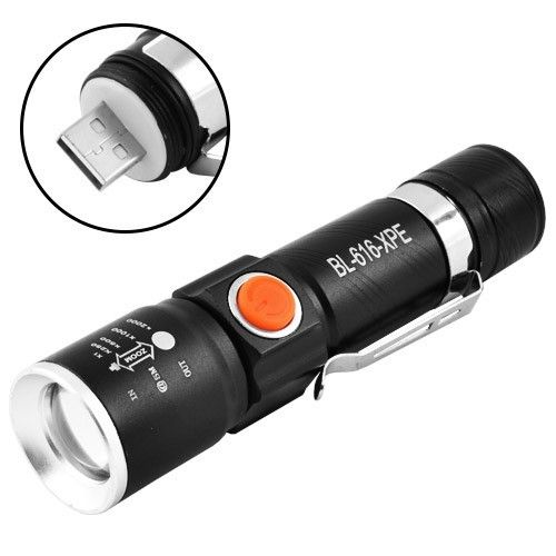 Фонарь 616-XPE, Li-Ion аккумулятор, зажим, zoom, ЗУ USB
