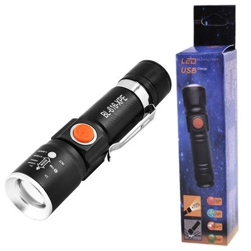 Фонарь 616-XPE, Li-Ion аккумулятор, зажим, zoom, ЗУ USB