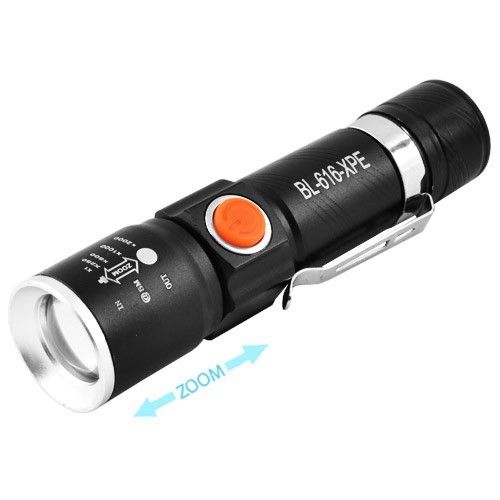 Фонарь 616-XPE, Li-Ion аккумулятор, зажим, zoom, ЗУ USB