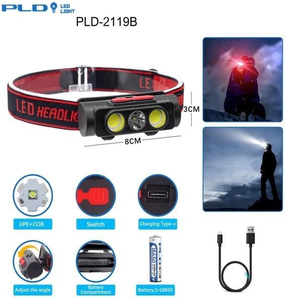 Фонарь на лоб PLD-2119B-XPE+2COB(white+red), 1х18650, ЗУ Type-C, Box